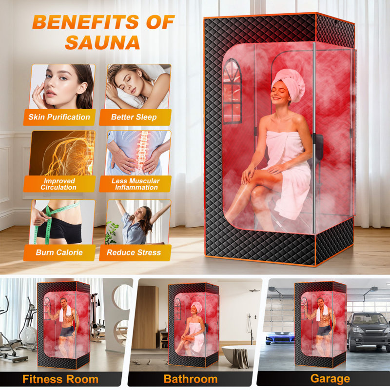 1 Person Portable Infrared Sauna Tent, Full Body Red Light Therapy Sauna Box with Steamer, Folding Chair, Dual Windows