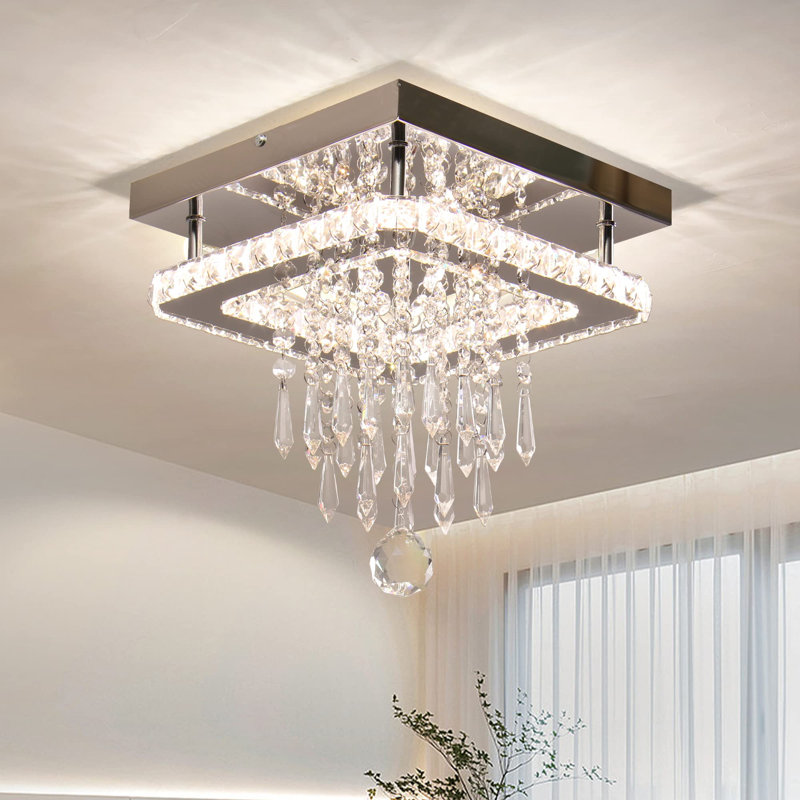 Lustres carrés en cristal de style moderne avec plafonniers encastrés à DEL à télécommande pour salle à manger, salon, couloir (à intensité variable)