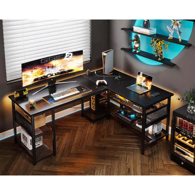 Amarpreet L-Shaped Writing Desk with Power Outlet, Black