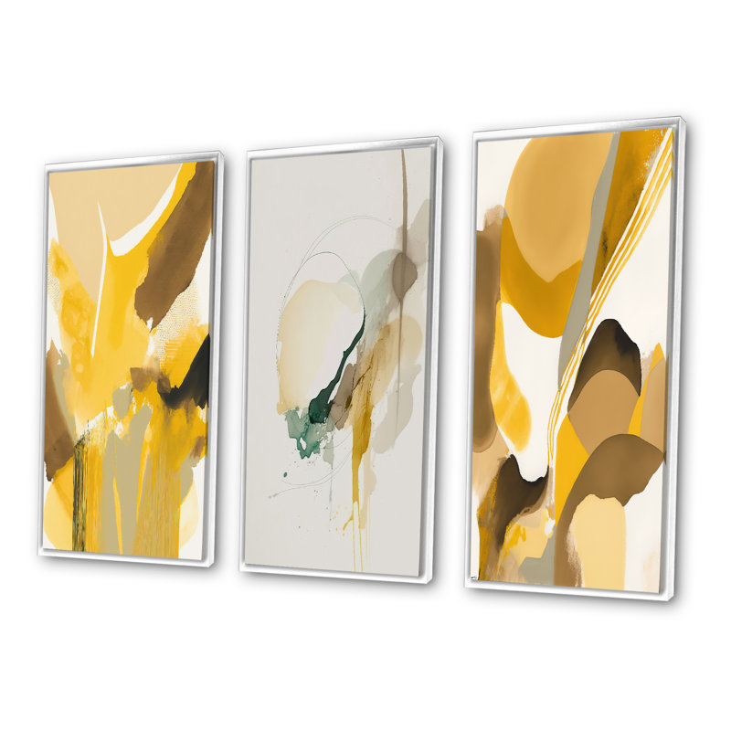 «Mustard Yellow Retro», 3 pièces sur toile, Blanc, H 32 po x l 48 po