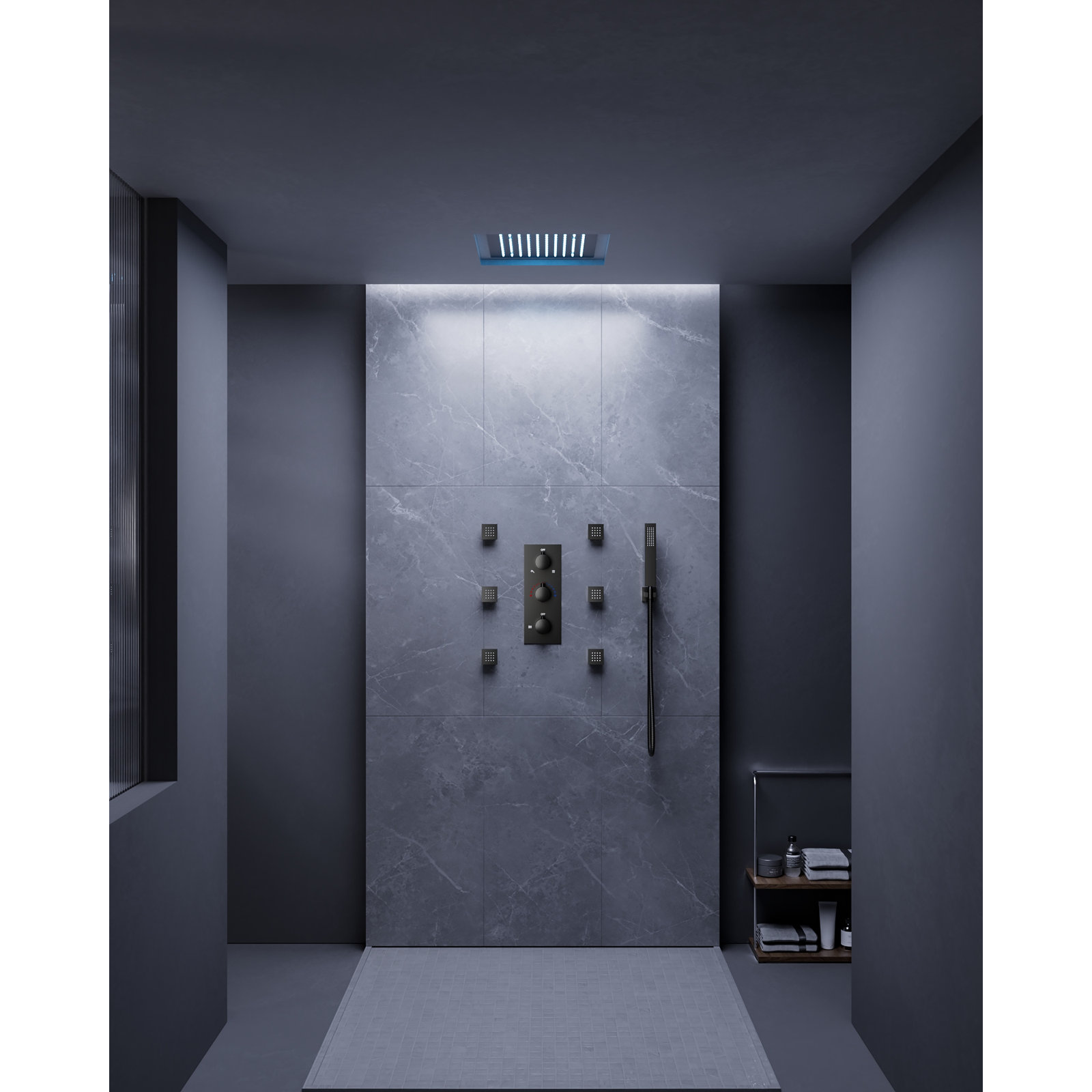 Thermostatic Rainfall Shower System, Ceiling Mount 12" LED Shower Head with Handheld Spray, Matte Black