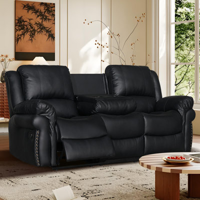 Canapé inclinable en cuir synthétique 81,1 po 3 places avec table rabattable et porte-gobelets, noir