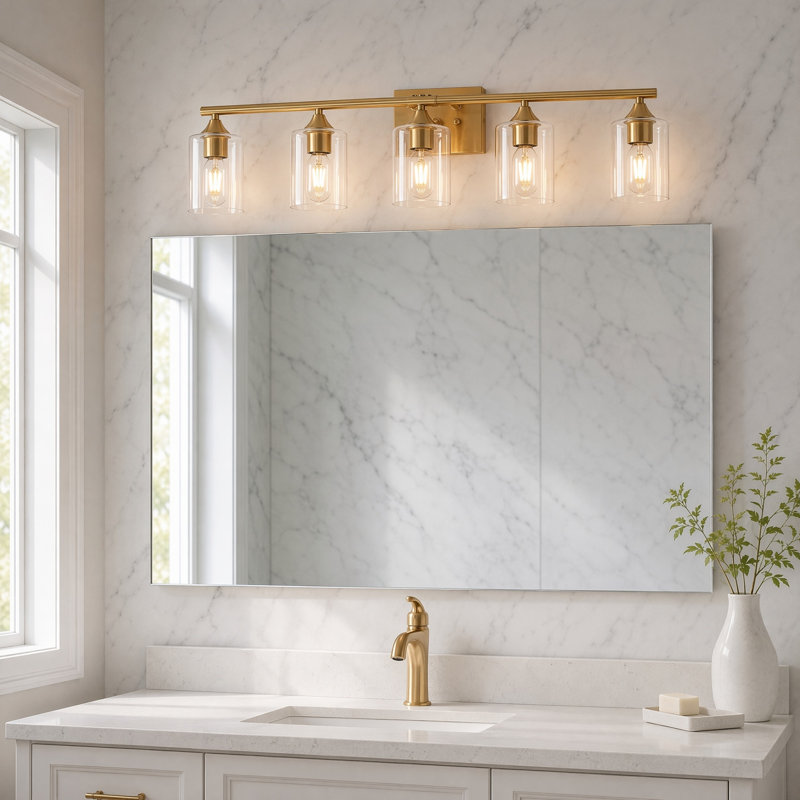Éclairage de salle de bain léger, métal doré brossé et verre, style ferme moderne