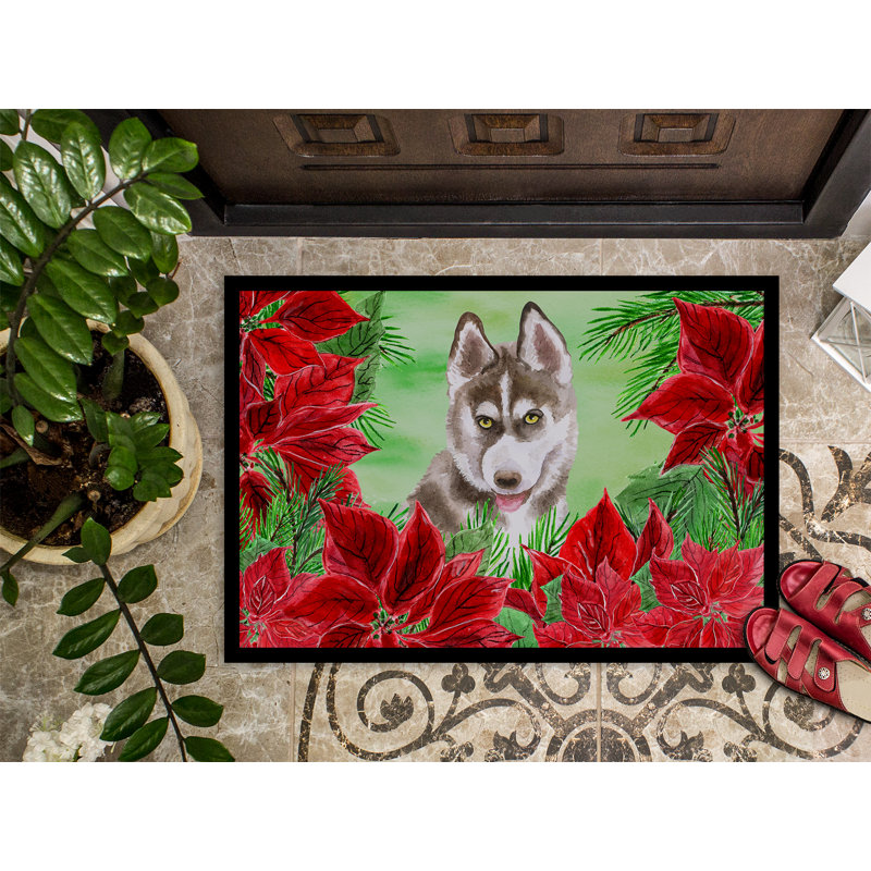 Tapis de porte pour l’extérieur antidérapant sibérie husky poinsettas, Rectangulaire : 18 po x 27 po
