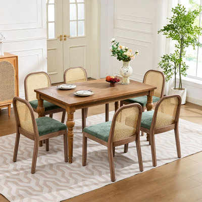 Ensemble de 6 chaises de salle à manger en rotin, style ferme des années 50, sans accoudoirs, structure en bois massif vieilli, coussins en chenille avec ressorts en S et mousse haute densité, idéales pour la cuisine, la salle à manger ou un appartement.