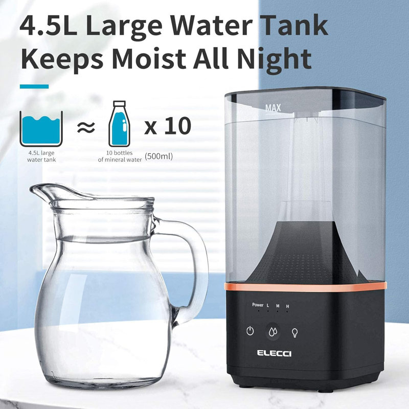 Humidificateur puissant ELECCI pour chambre à coucher pouvant durer jusqu'à 60 heures, humidificateur à brume fraîche à remplissage par le haut pour la maison avec un réservoir d'eau de 4L