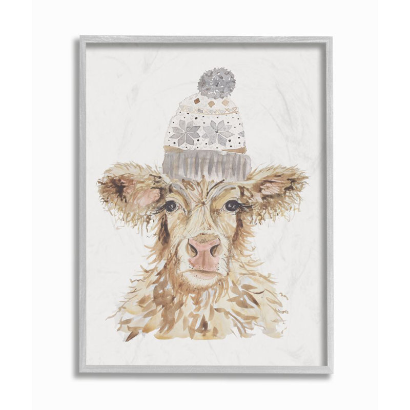 " Cow with Beanie Hat Winter Farm Watercolor " Mixed Media Painting, 14" H x 11" W x 1.5" D, Farmhouse Grey Framed Giclee