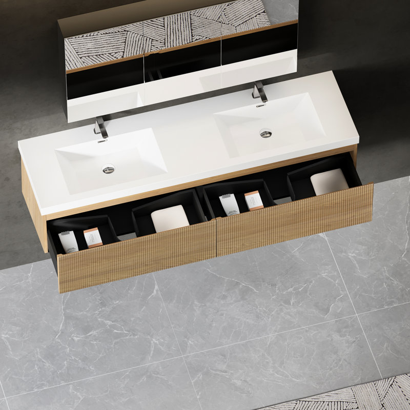 Meuble-lavabo flottant double à surface solide blanc brillant double 72 po, armoire murale rayée, finition chêne naturel, tiroirs texturés ondulés, rails silencieux, installation d'unité de salle de bain sans tracas
