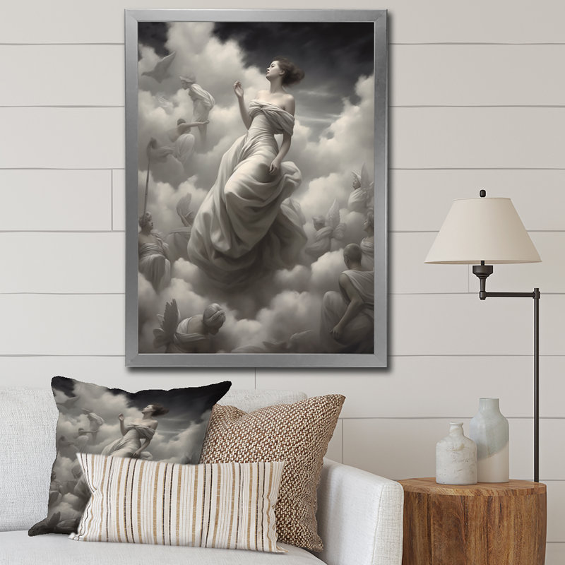Ascendant Grace, surréalisme noir et blanc sur toile, H 20 po x l 12 po x P 1 po, Cadre simple argenté