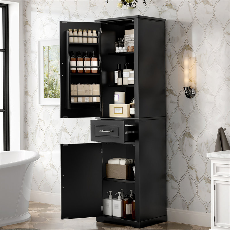 Tall Bathroom Storage Cabinet, Freestanding Storage Cabinet With Two Different Size Doors And Adjustable Shelf, Door Shelve Design, MDF Board With Painted Finish, Black