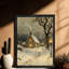 Aquarelle encadrée noire, village de Noël avec arbres enneigés, impressions de style rétro-235267415