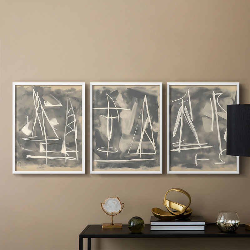 Série abstraite CCxxv - ensemble de 3 estampes giclées encadrées - prêt à être accroché, Blanc, H 10 po x l 24 po
