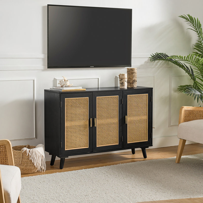 Hearn 109 cm Modern Wide Sideboard with 3 Rattan Doors, Black