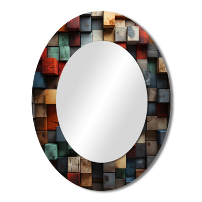 Blue And Red Abstract Cubes II - Multi-Color Oval Wall Mirror Decor