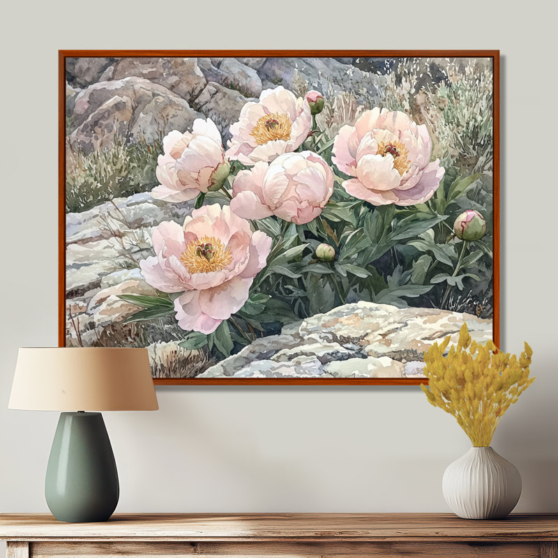 Insafes pivoines dans les contreforts rocheux II - pivoines, art mural, Brun, H 12 po x l 20 po