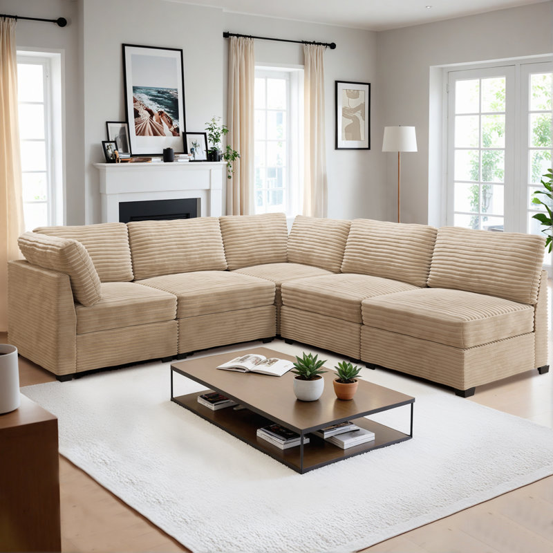 Cloudelle 5-piece Modular Sectional, L Shaped Minimalist Couches With Convertible Chaise, Modern Deep Seat Cloud Plush Corduroy Sofa Set For Living Room