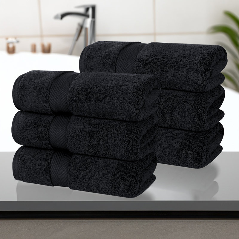 Cortright Zero Twist Cotton Solid Chevron Dobby Border Super Soft Absorbent Hand Towel, Black