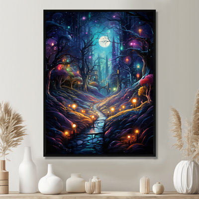 Fireflies In Enchanted Full Moon Forest - River Wall Art Living Room