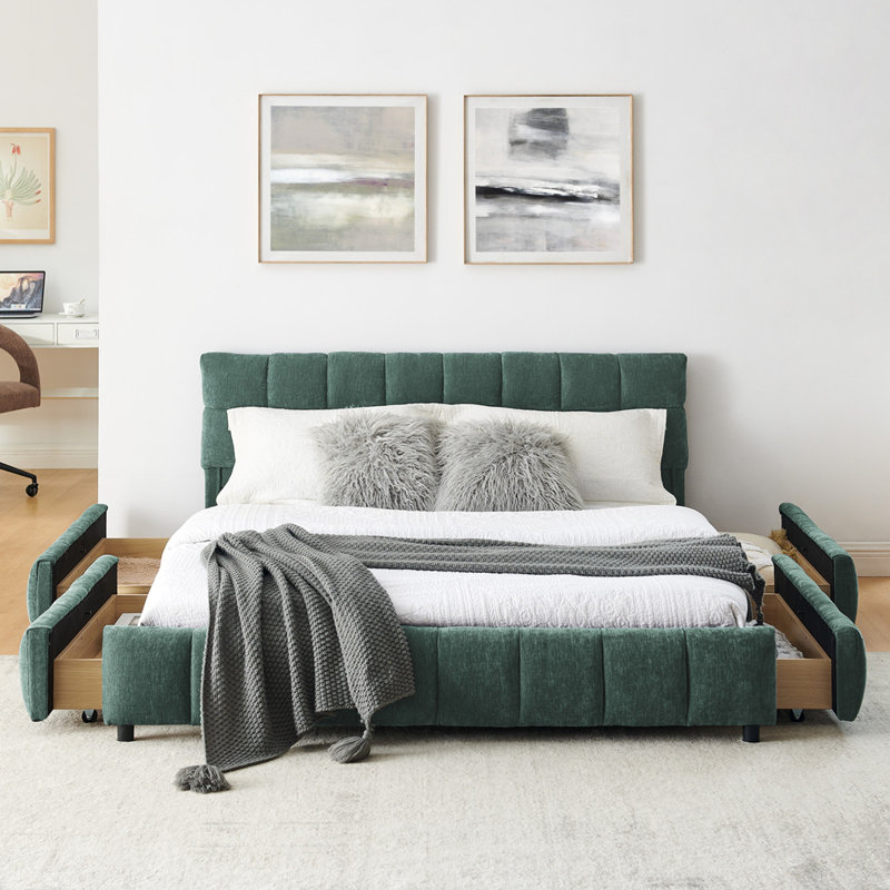 Queen Size Upholstered Storage Bed Frame With Chenille Fabric And Headboard, Built-In Drawers, Blue Green