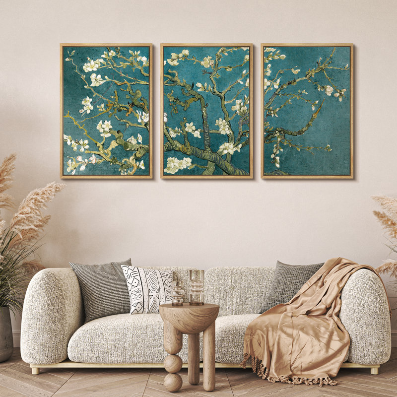 «Amandier en fleurs» par Vincent van Gogh, Cadre naturel, Bleu pétrole, H 24 po x l 48 po x P 1,5 po