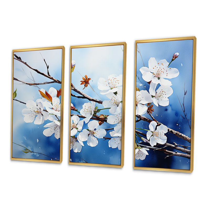Fleurs de cerisier du Japon Azure I - ensemble de décorations murales d'art japonais, Cadre flottant doré