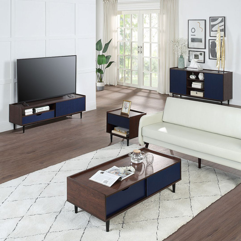 Ensemble de salon Duane Mid-Century moderne avec meuble télé pour téléviseur de 55 po ou moins, buffet, table basse et table de bout en bleu marine
