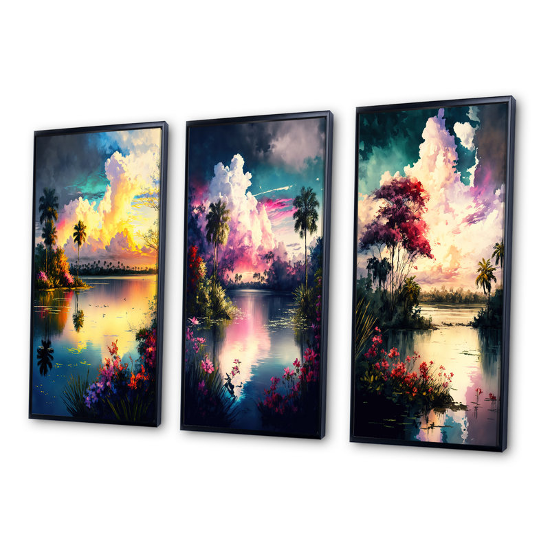 «Beautiful Sunset Over A Tropical Lake», 3 pièces sur toile, H 20 po x l 36 po, Cadre flottant noir