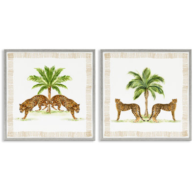 Symmetrical Leopards & Palm Trees 2 Piece Framed Giclee Art Set, design by Janet Tava
