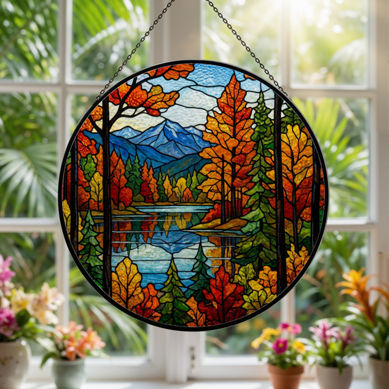 Panneau de vitrail 12 "H Autumn Landscape, H 12 po x l 12 po
