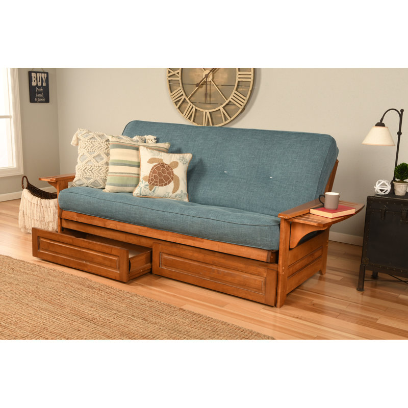 Ensemble de futon avec matelas et tiroir 80 po Johnte, Lin microsuède turquoise, À ressorts, Barbade