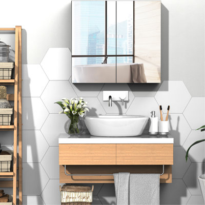Bathroom Storage Cabinet - 24"X22" White Steel Frame With Double Doors For Toiletries And Beauty Items Unit, Mirror Blush,