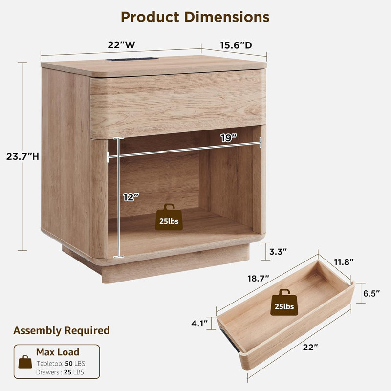 Modern Nightstand With Charging Station, 22" Wide End Table With Drawers & Open Shelf, Tan
