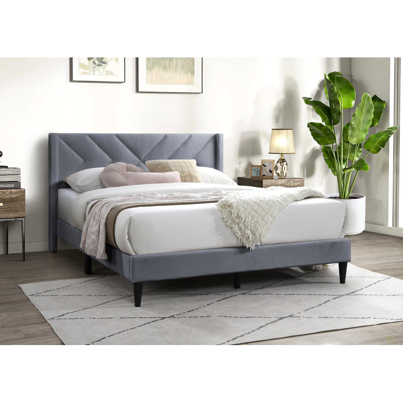 Élégant lit en tissu d'ameublement moderne en velours pour lit grand format avec tête de lit 1pc, Gris