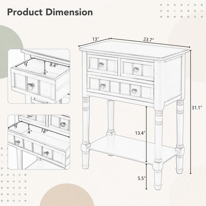 Console étroite, canapé mince avec trois tiroirs de rangement et tablette inférieure pour le salon, assemblage facile