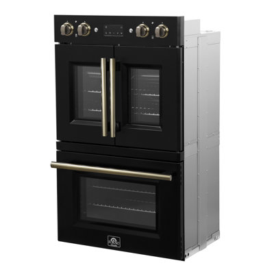 Four mural électrique double de 30 pouces Forno Asti avec portes françaises supérieures en blanc ou noir et laiton antique, 7,36 pieds cubes Double convection véritable, 7 200 W, friture à l'air, sous vide, autonettoyant