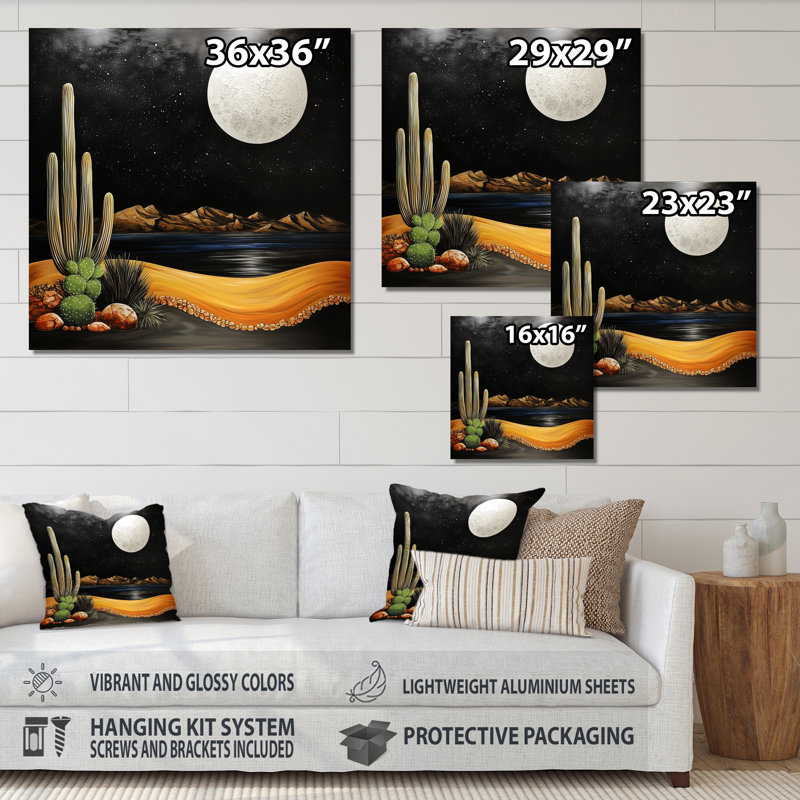 Glam Desert Moon With Cactus I - Landscapes Metal Wall Decor, Desert Metal Print, 29" H x 29" W