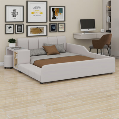Upholstered Grounded Bed, Child Bed With Bedside Desk And Little Round Stool