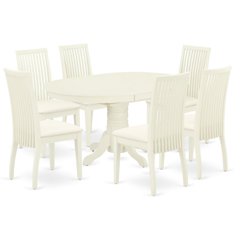 L'ensemble 7 pièces de table et chaises de cuisine se compose d'une table de salle à manger ovale avec rallonge papillon et de 6 chaises rembourrées en tissu de lin, blanc lin
