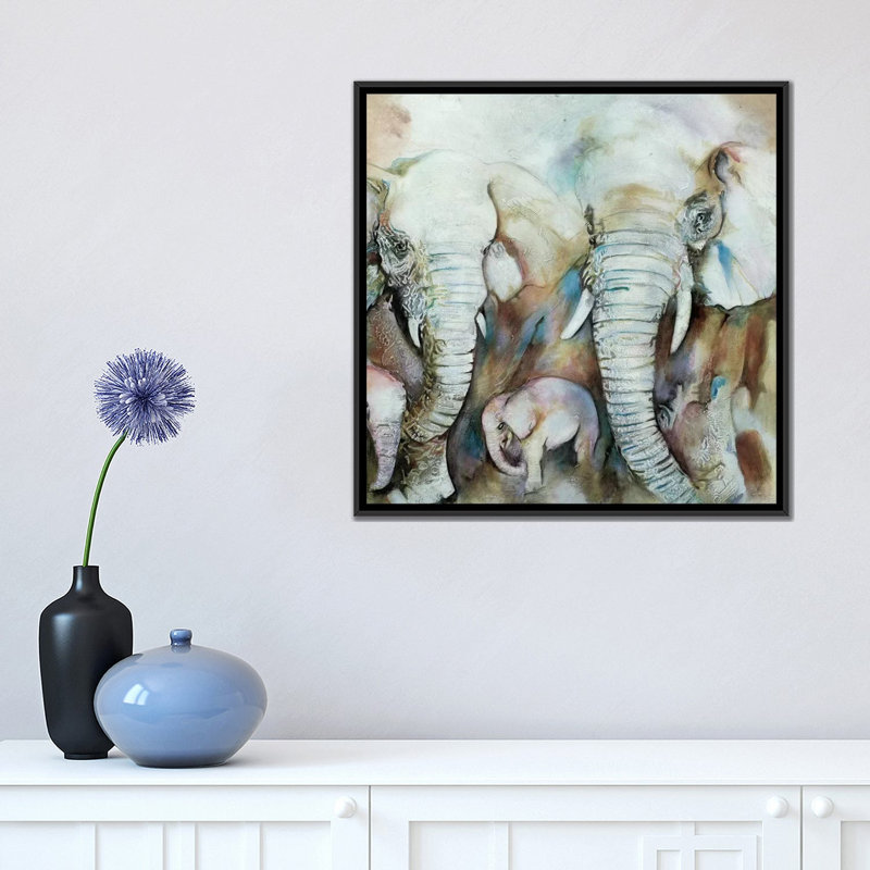 « elefantes », impression sur toile, H 18 po x l 18 po x P 1,5 po, Toile avec cadre noir