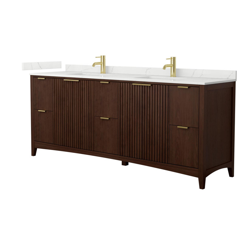 Palmilla 84" Freestanding Double Bathroom Vanity with Quartz Top, Brushed Gold, Beige, White Quartz