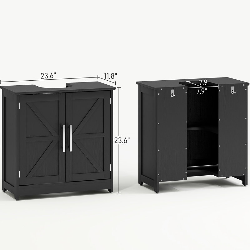 Rangement pour lavabo de salle de bain pour lavabos sur piédestal, 2 portes de grange, solution de rayonnage réglable, fente en U de 7,9 po, mécanisme de basculement, base antidérapante, taille de 23,6 po, armoire à finition noire patinée, tablette