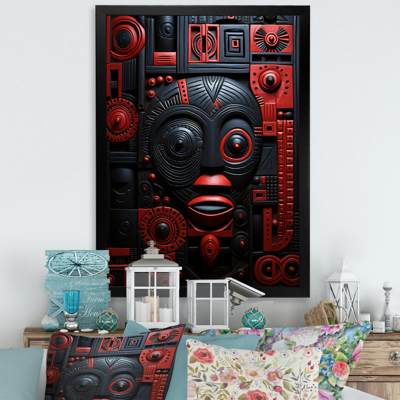 Guerrier zoulou, masque africain 1 - Masque africain, art mural, Cadre simple noir, H 32 po x l 24 po x P 1 po