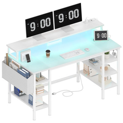 Ivy Bronx White Desk with Storage Shelves - 47 inch Home Office Gaming Desk with Monitor Stand, Computer Desk with LED Lights and Power Outlets, White