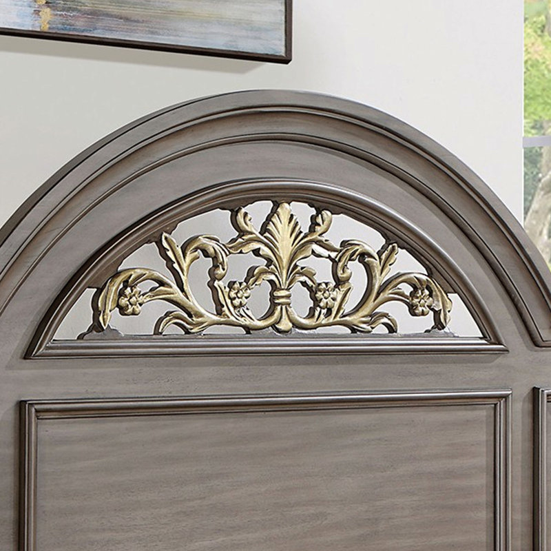 Contemporary Grey Eastern King Bed, Panel Structure With Enchanting Floral Headboard Accent Transitional Size Marvellous