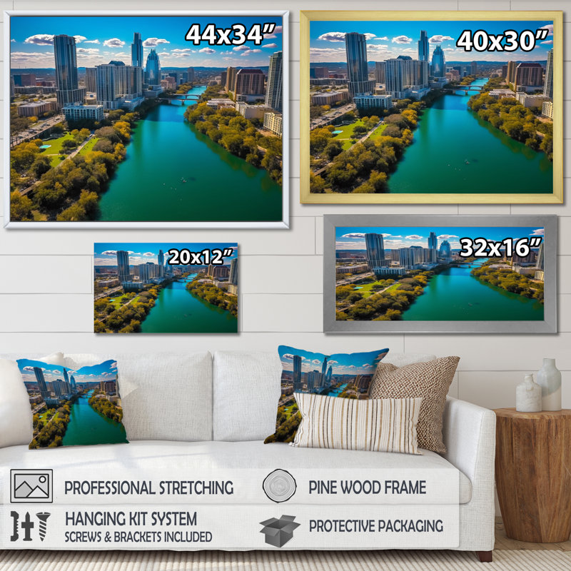 " Austin Dynamic Cityscape II ", 12" H x 20" W x 1" D, White Picture Framed