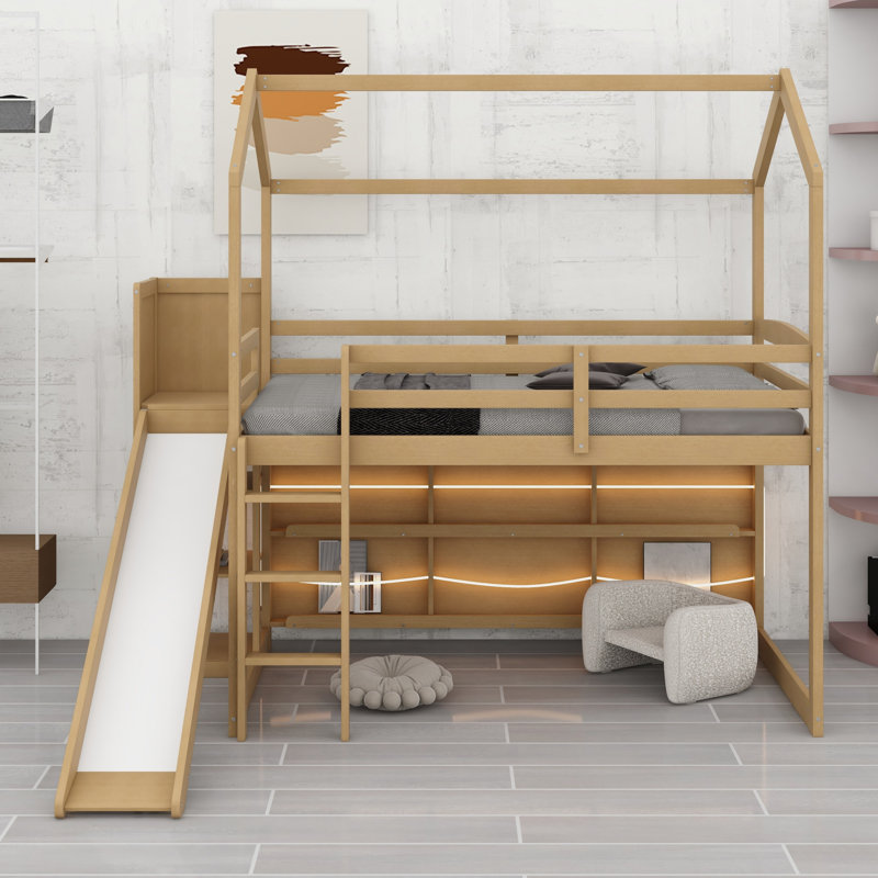 Lit mezzanine multifonctionnel en bois avec glissoire, tablettes de rangement et lumière, Wood Color