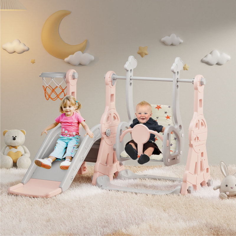 Pink and Gray 4-in-1 Toddler Slide and Swing Set