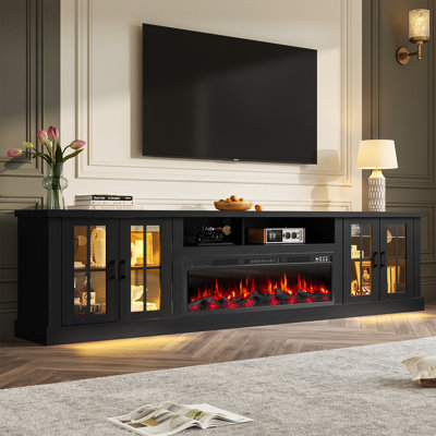 86" Fireplace TV Stand for TVs up to 100", Entertainment Center with 36" Electric Fireplace, 12-Color LED Lights, Glass Doors, Adjustable Shelves & Cable Management, Black