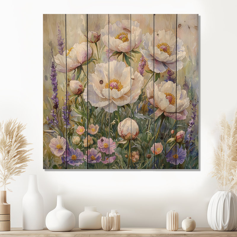 Peonies In The Wildflower Field II - Peonies Wood Wall Art - On Natural Pine Wood, 15" H x 15" W x 0.78" D