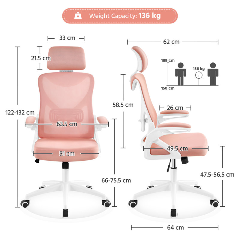 High Back Mesh Swivel Ergonomic Task Office Chair with Flip-Up Arms, White/Pink